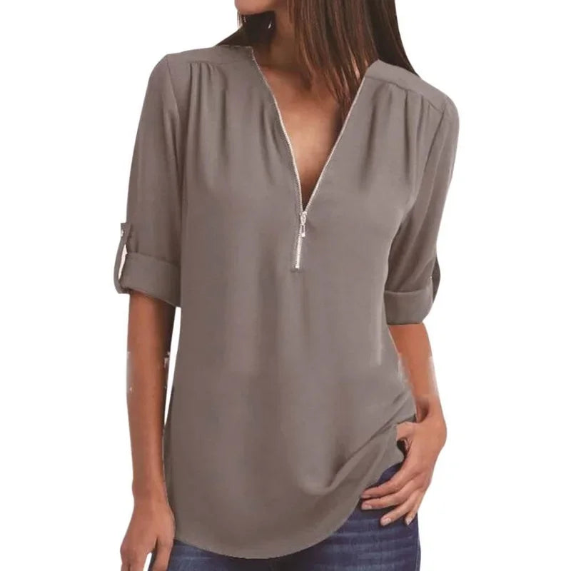 Customizable Women Blouse Zipped Rolled Sleeve Blouse Tailor-made T-Shirts CS6611