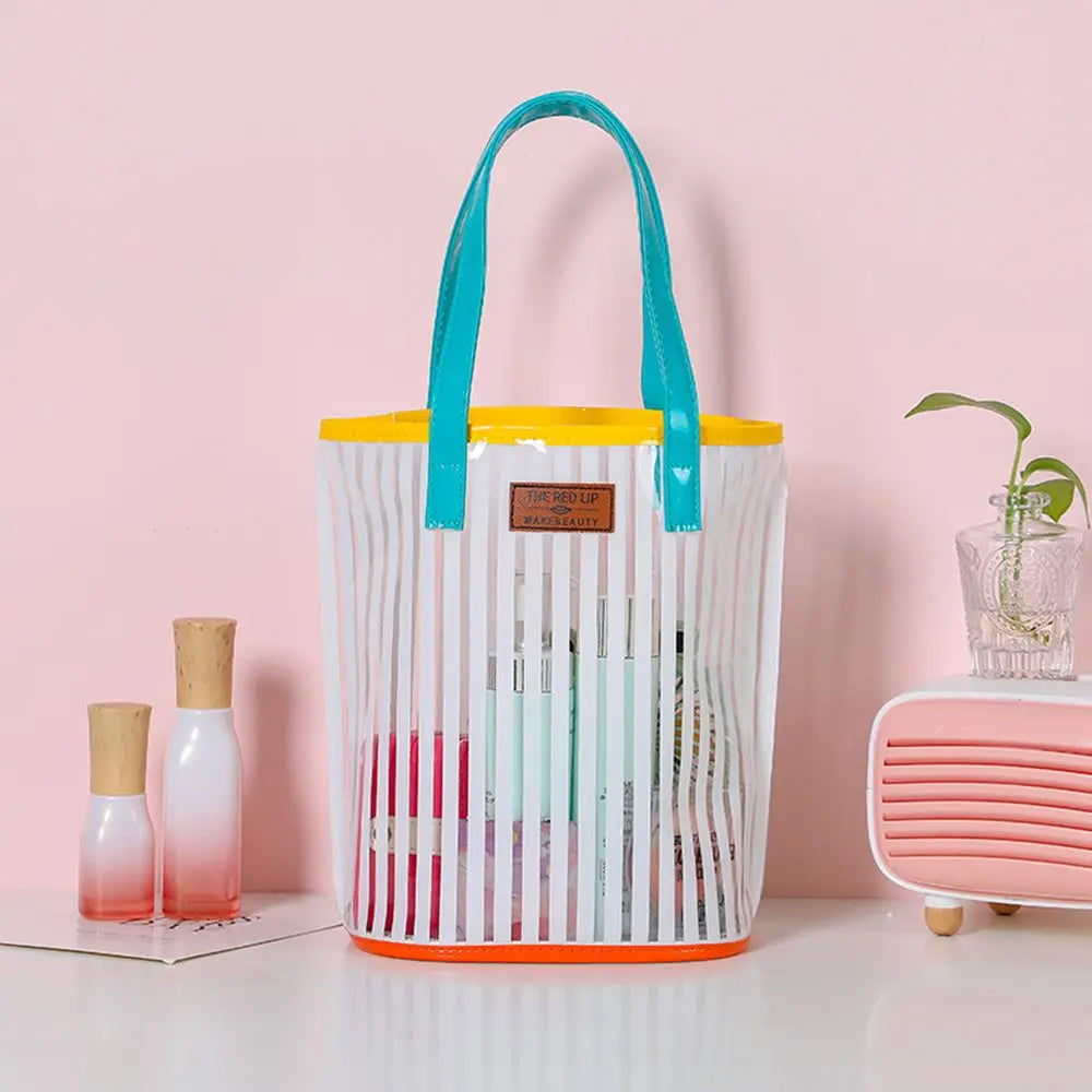 Large Capacity Transparent Handbag Waterproof Stripe Print Beach Bag Wash Bag Protable Travel Shopping Sundry Storage