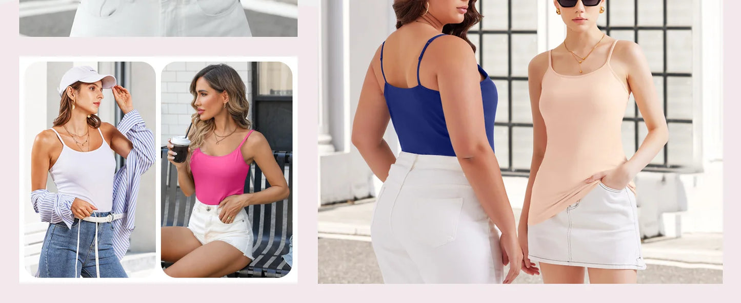 Anfilia Women Camisole 2PCS Solid Adjustable Spaghetti Straps with Shelf Bras 95% Cotton Soft Casual High Elastic Tank Tops