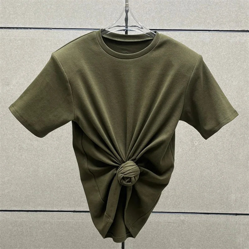 Women's t-shirt 2026 summer New elastic knitted short sleeved top 3D flower decorated round neck pullover pure cotton crop top