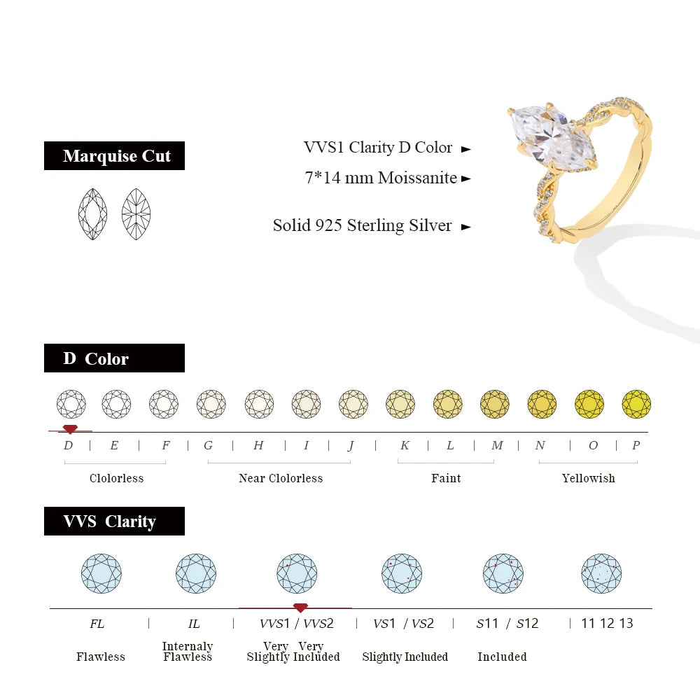 ATTAGEMS 3.0CT Marquise Cut Moissanite Engagement Rings For Women 14*7mm Lab Diamond S925 Sterling Silver Wedding Party Jewelry
