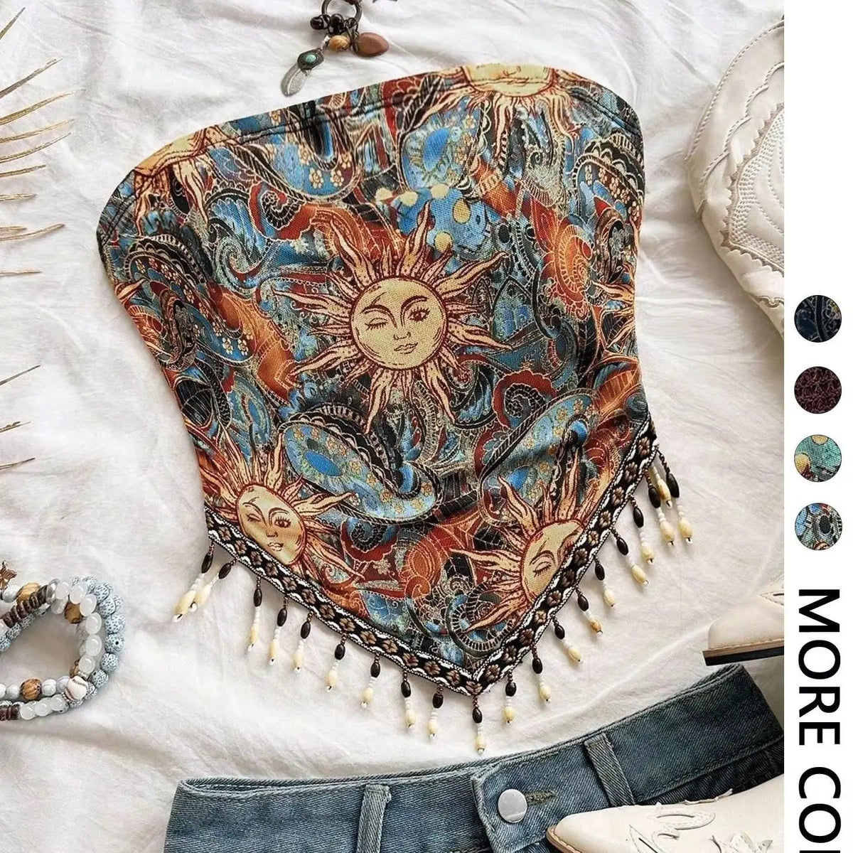 Women's beaded fringe printed mesh tube top — view 6 of 8