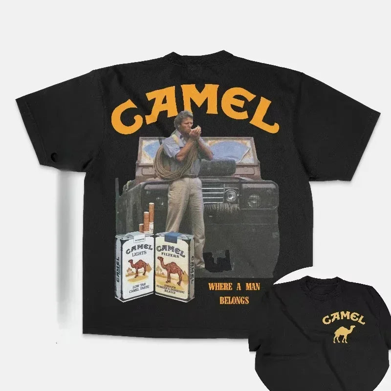 Retro Car Camel Cigarettes T-Shirt Vintage Cotton Tops Tees Short Sleeve Casual Streetwear Men Women Clothing Harajuku