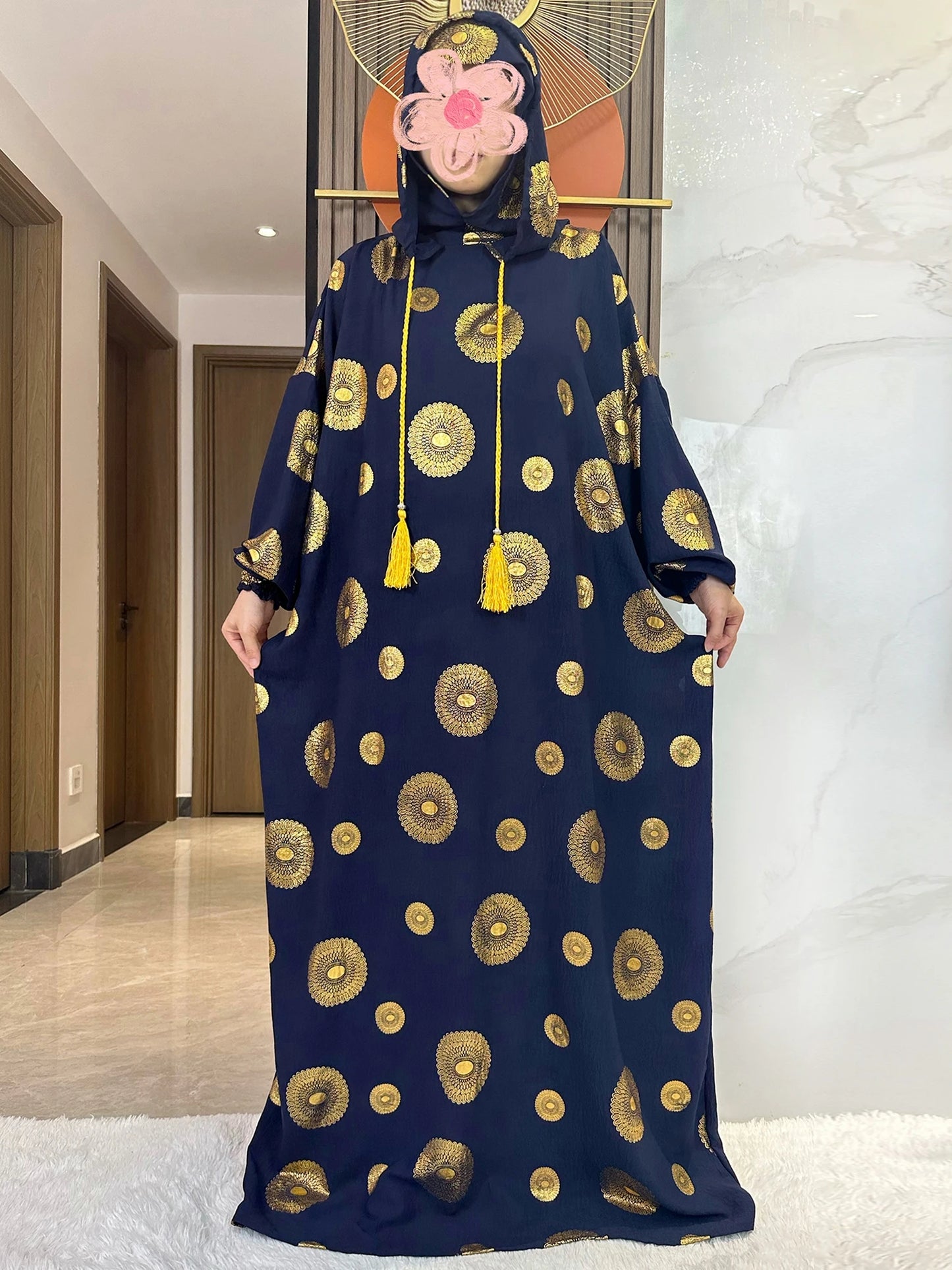 Women's Cotton Embroidered Abaya Kaftan – Gold Dust Shimmer, Loose Fit, All-Season Muslim Dress