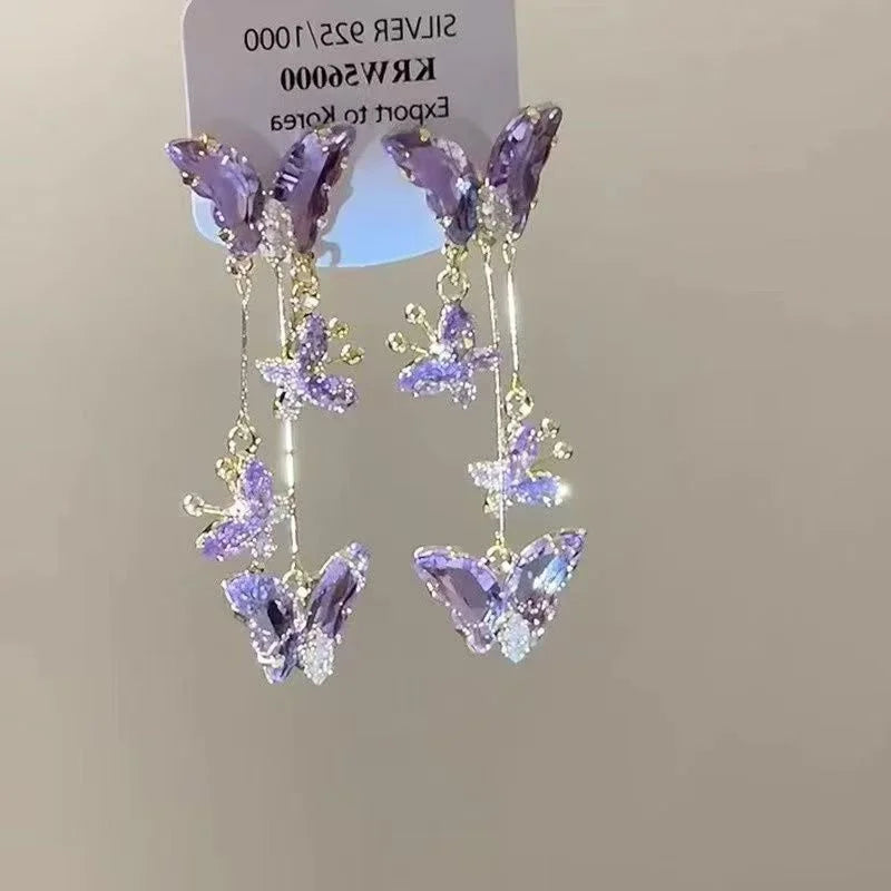Purple Butterfly Tassel Earrings – Crystal Drop Jewelry