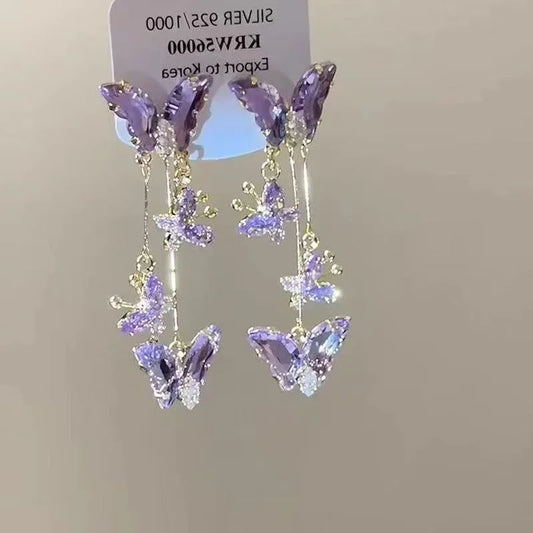 Purple Butterfly Tassel Earrings – Crystal Drop Jewelry