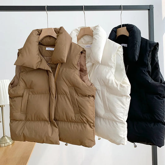 Women's Stand Collar Puffer Vest - Belted Sleeveless Winter Jacket