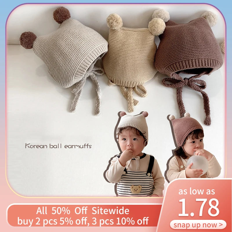 Baby Pom Pom Crochet Bonnet - Ear Covering Winter Pullover Cap