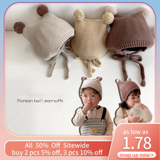 Baby Pom Pom Crochet Bonnet - Ear Covering Winter Pullover Cap