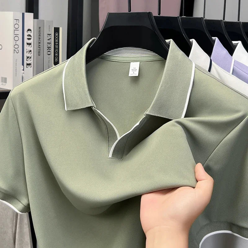 Men's Open-Neck Polo Tee - Silky Cooling Fabric, Breathable Slim