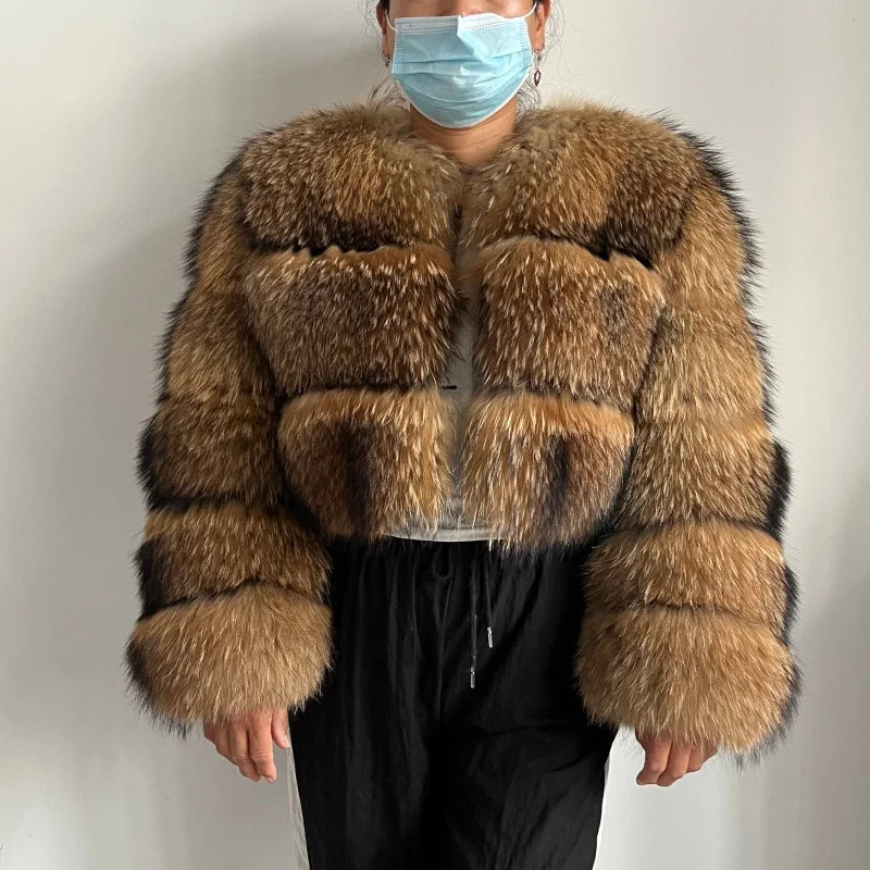 Women's Hooded Raccoon Fur Coat, Turn-Down Collar
