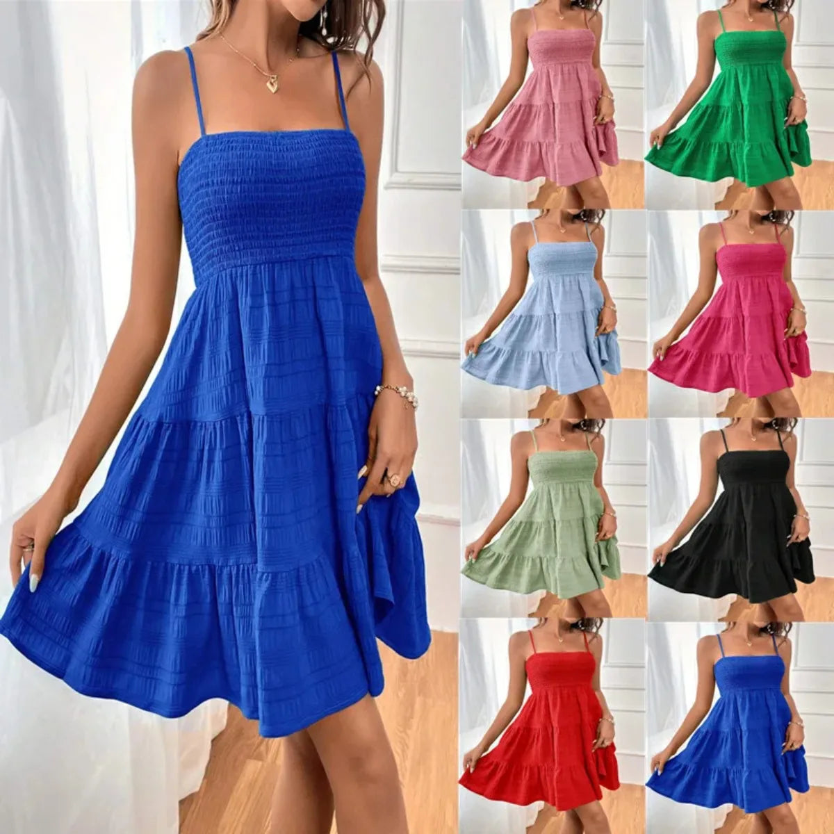 Women's Smocked Tiered Mini Dress — Spaghetti-Strap Ruffle Swing Beach Dress