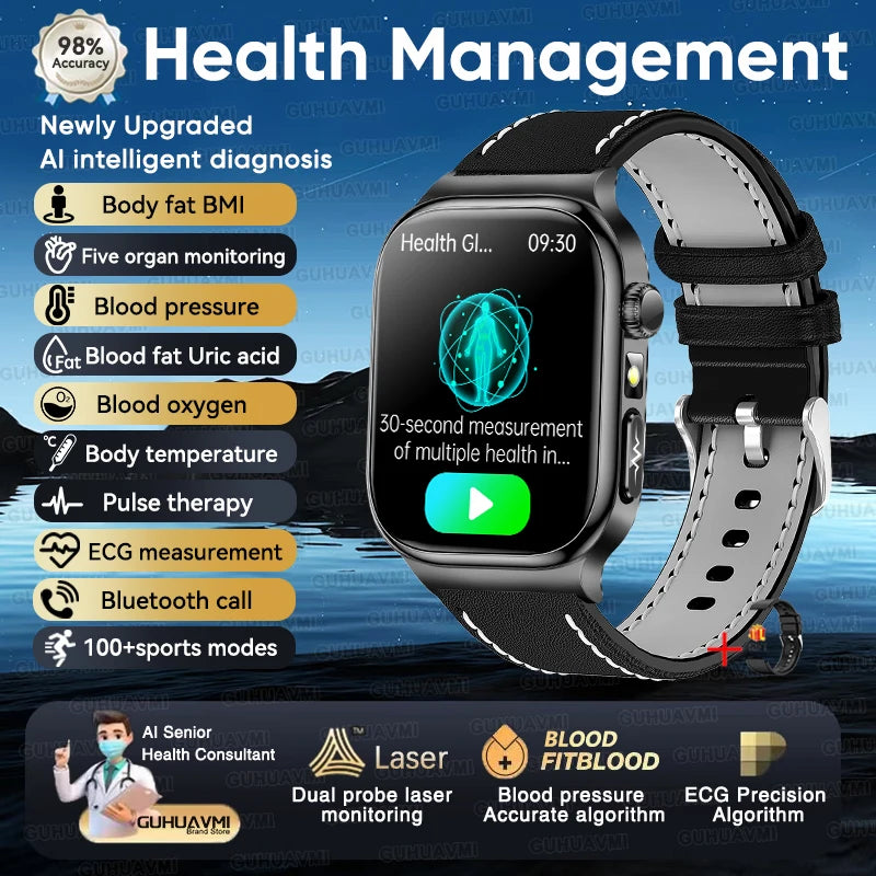GUHUAVMI 2026 AI Health Smartwatch – ECG+HRV, Blood Pressure, Uric Acid & Blood Lipid Monitor | 2.04" AMOLED Sapphire | Bluetooth Calling | Men & Women
