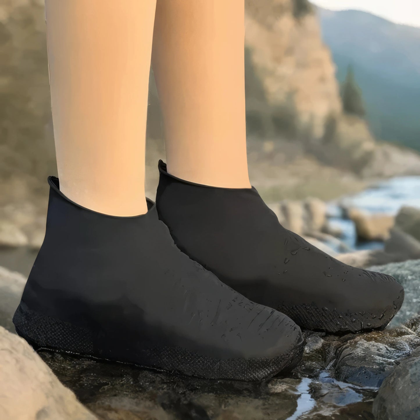 Black Latex Waterproof Shoe Covers - Heavy Duty Anti-Slip Rain Boots for Hiking, Cycling & Daily Use