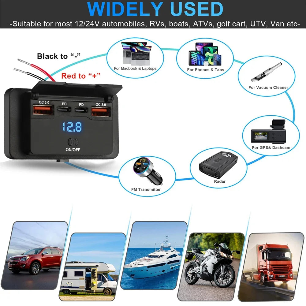 Car Charger Socket Adapter with Switch 2/4 Ports 12V 24V PD QC3.0 Charging Splitter Outlet for Bus RV ATV Truck Boat
