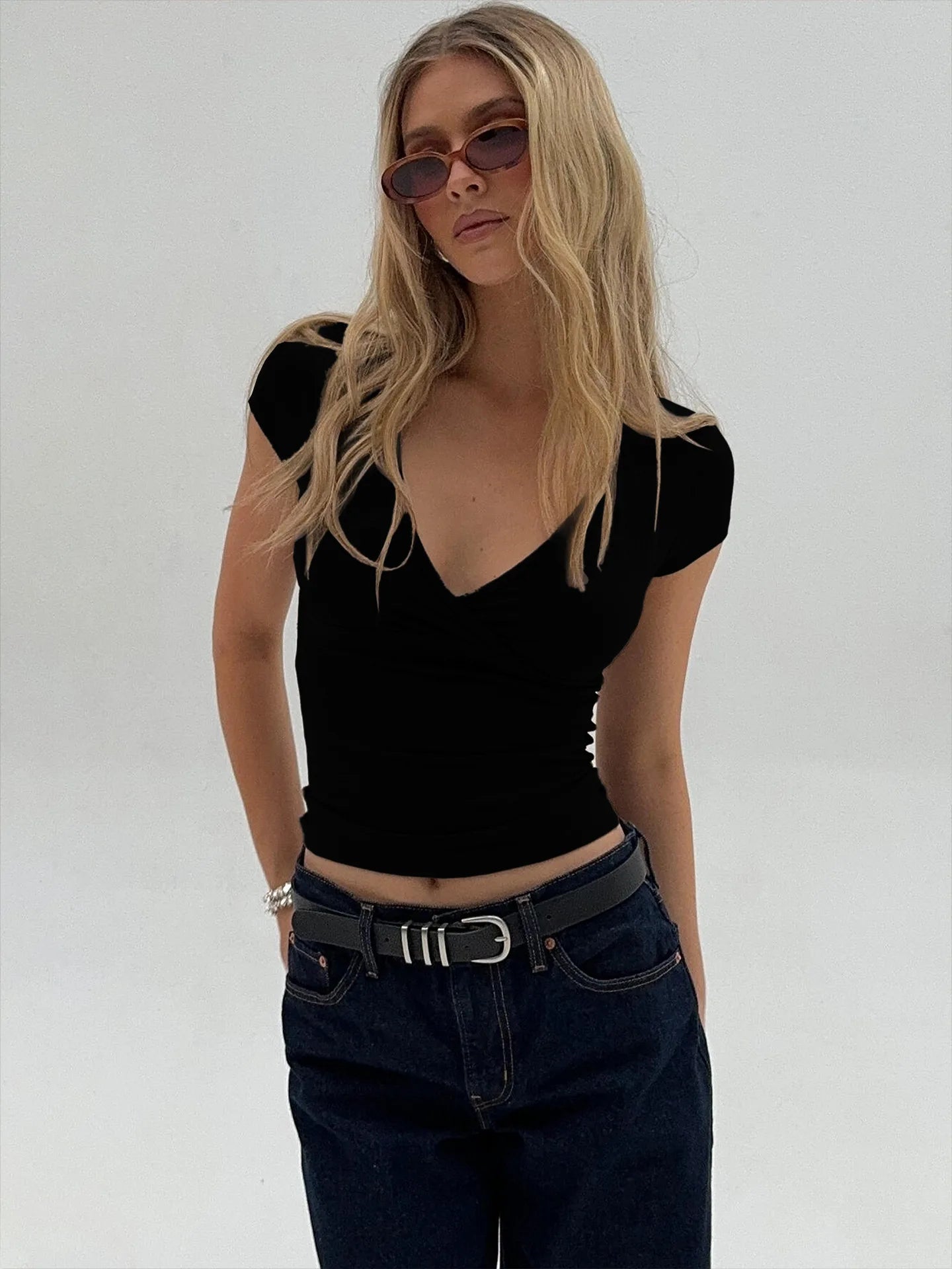 2026 Summer New Fashion Women's T-Shirt Solid-Color Slim-Fit V-Neck Short-Sleeve Top Y2k Clothing