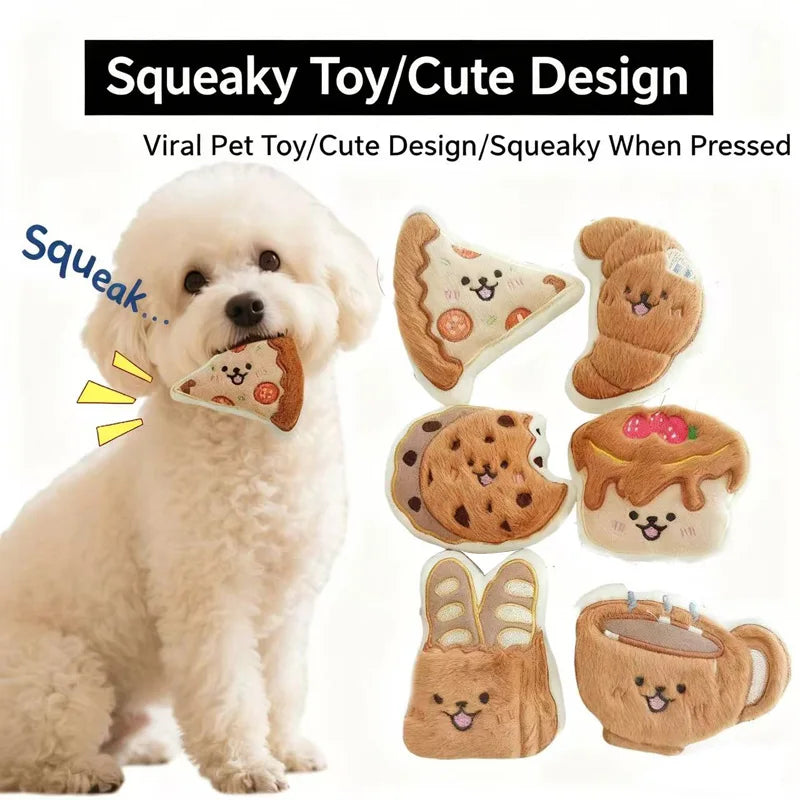 Plush Squeaky Food Dog Toys - Baguette, Pizza & Cake Shapes