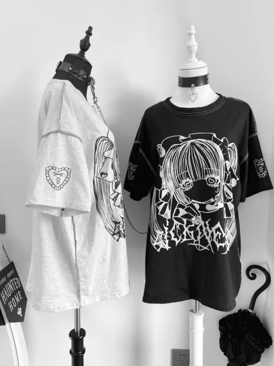 Japanese Y2K Harajuku Gothic anime Girl Printed Short Sleeve Couple T-shirt Summer New Loose and Comfortable Casual Top
