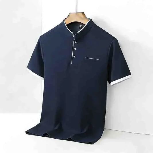 Men's Mandarin Collar Polo - Short Sleeve Pocket, All-Season Pullover