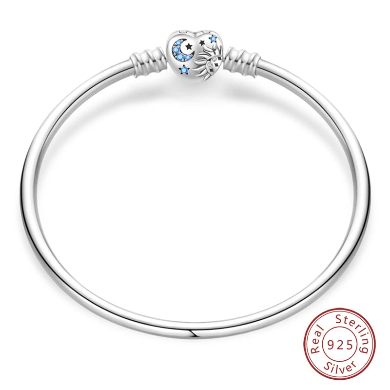 925 Sterling Silver Charm Bracelet – Star Moon Sun Four Leaf Clover Zircon | DIY Birthday Gift for Women (17-20cm)