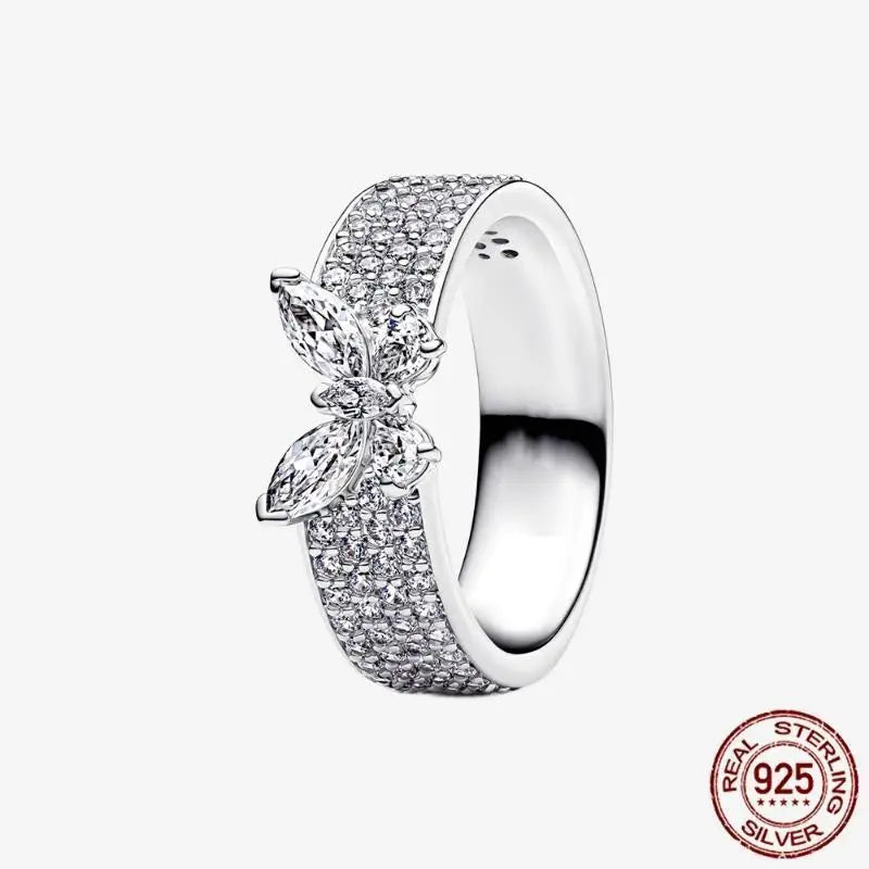 925 Sterling Silver Open Ring Style CZ Paved Heart Butterfly Flower Colorful Gemstone Ring For Women Daily Wear Jewelry Gift