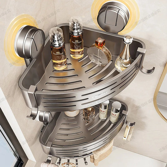 No-Drill Suction Cup Corner Shower Shelf – Stainless Steel Bathroom Organizer with Hooks | Anti-Rust