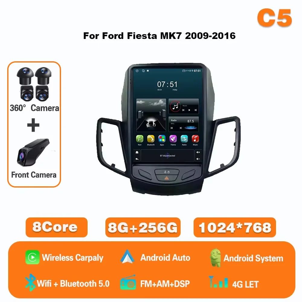 9.7" Android Car Stereo for Ford Fiesta MK7 (2009–2017) — Wireless CarPlay & Android Auto, GPS, 4G, WiFi