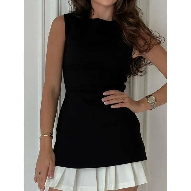 Lady Office Commute High street Mini Dress Elegant Patchwork Pleated Short Dress For Women Fashion Slim Sleeveless Vestidos