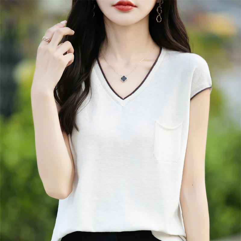 100% pure cotton T-shirt women's knitted patchwork short sleeved casual V-neck Tees summer basic loose Tops versatile pocket