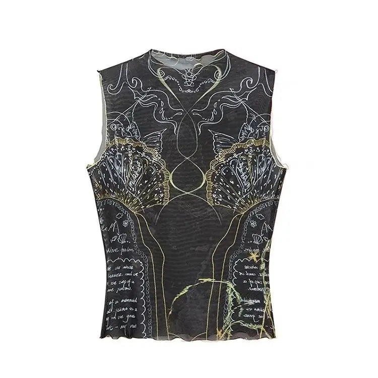 Kimotimo Y2k Mesh Print Tank Top Women Sleeveless Half High Collar Slim Fit Base Vest Harajuku Fashion Spicy Girl Camis Crop Top