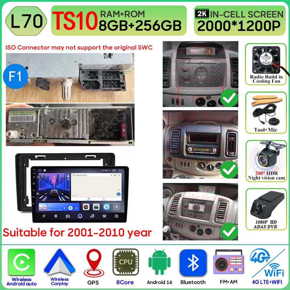 Car Stereo with Apple CarPlay & Android Auto, Compatible with Renault Trafic 2, Opel Vivaro A & Nissan Primastar