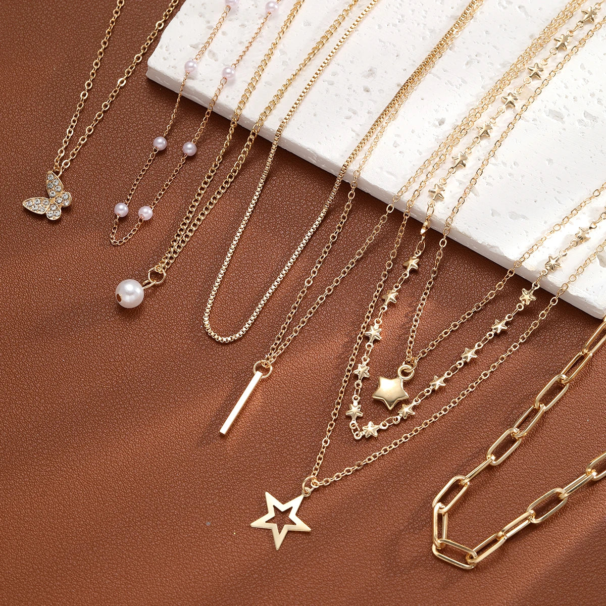 9 Pc Layered Choker Necklace Set for Women - Heart & Star Pendants