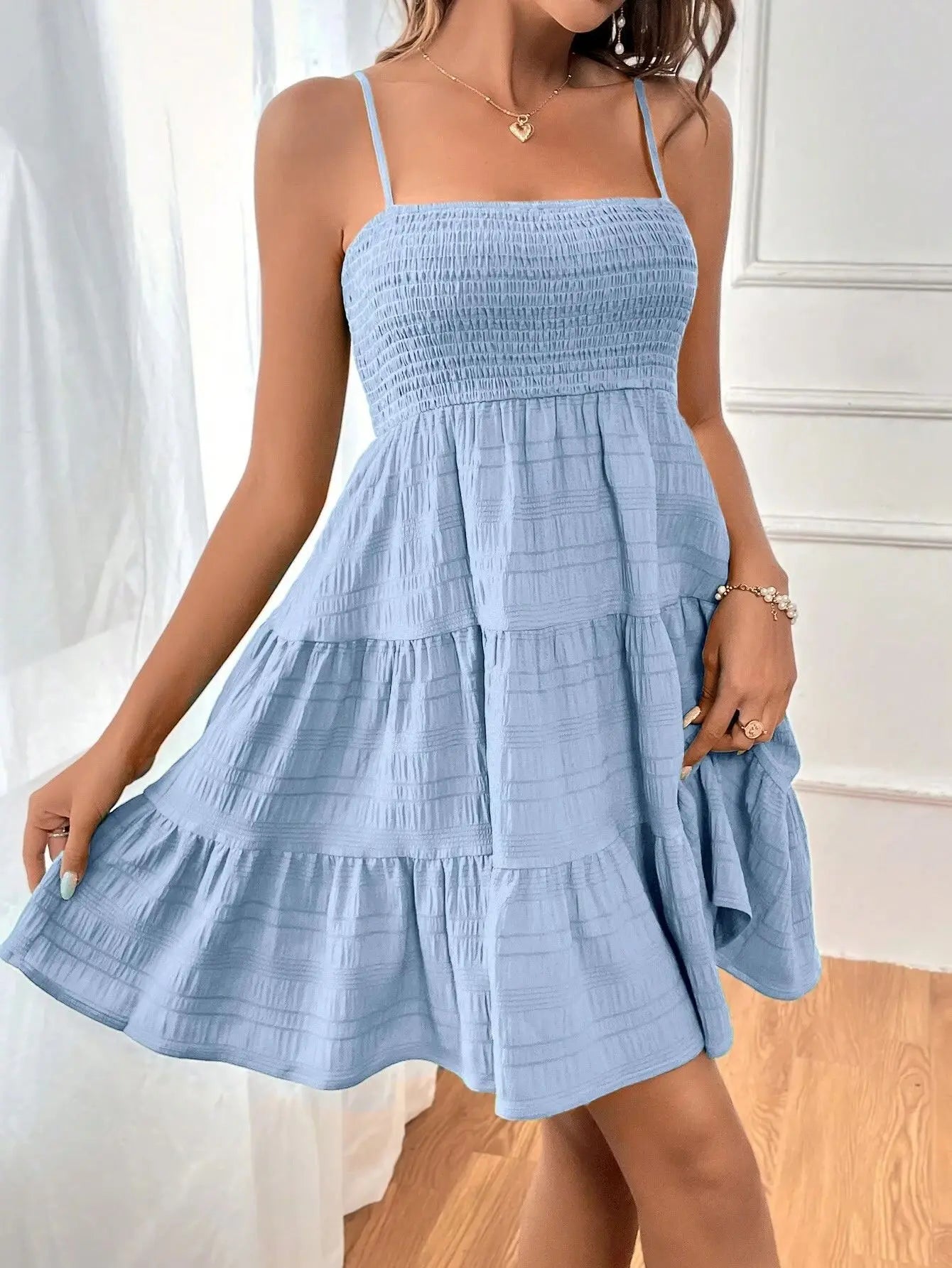 Women's Smocked Tiered Mini Dress — Spaghetti-Strap Ruffle Swing Beach Dress