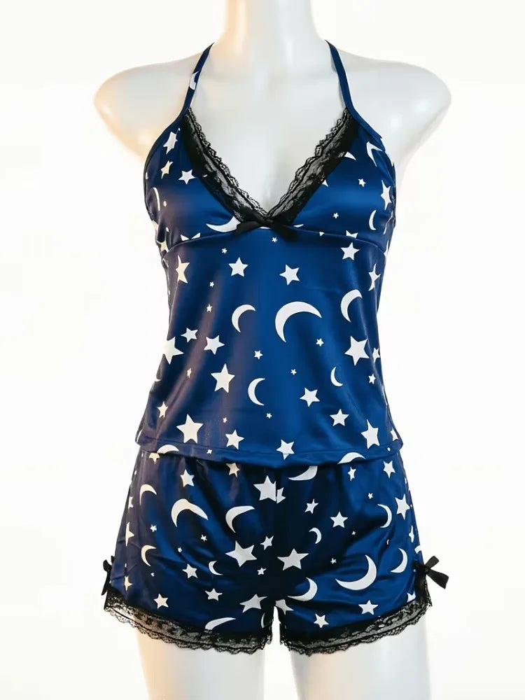 Women Lace-Trimmed Leopard Printed 2 Pieces Pajamas Set Sleepwear Straps Crop Top & Shorts Suit Home Clothes Loungewear