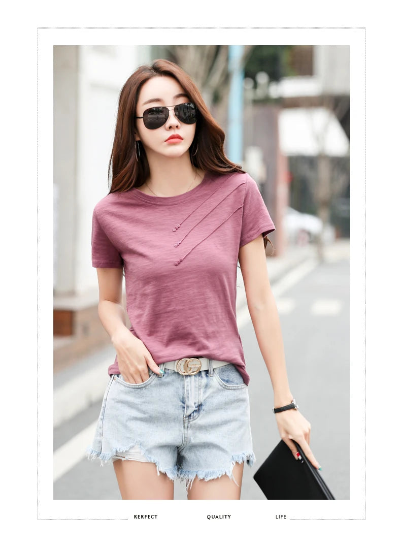 Women's slub cotton button tee, loose crew neck — view 19 of 20