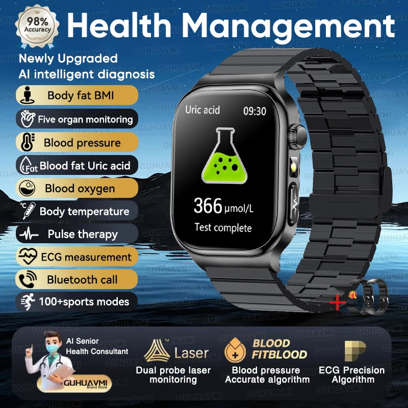 GUHUAVMI 2026 AI Health Smartwatch – ECG+HRV, Blood Pressure, Uric Acid & Blood Lipid Monitor | 2.04" AMOLED Sapphire | Bluetooth Calling | Men & Women