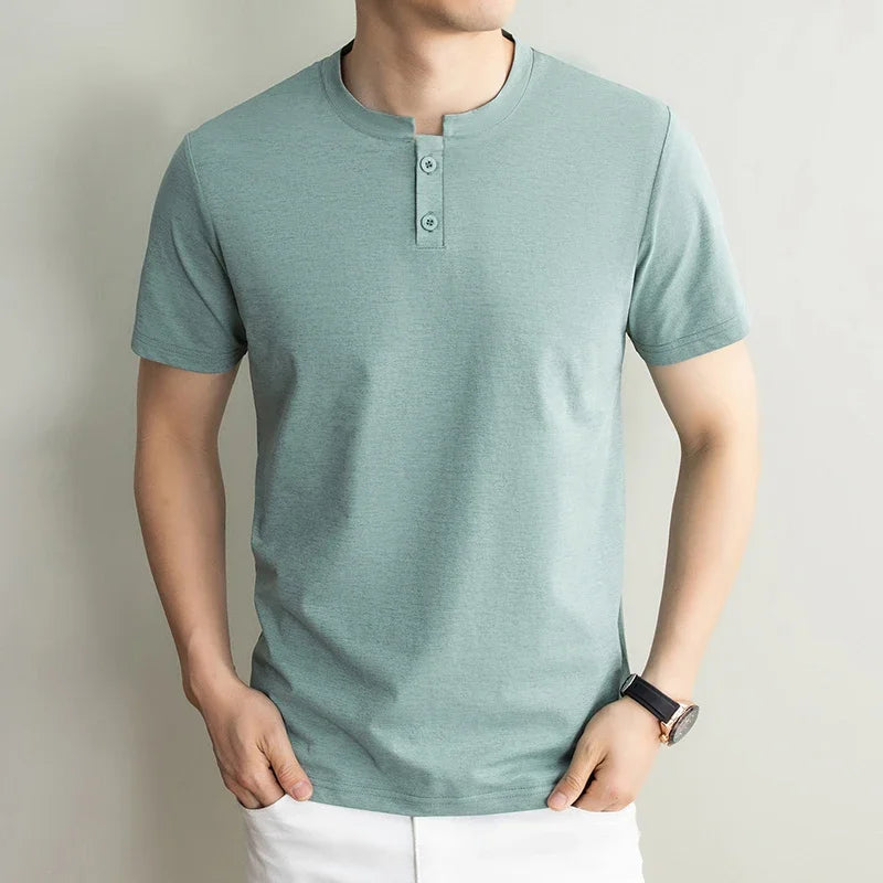 Men's Plain Henley Tee - Two-Button Placket, Soft Breathable Knit