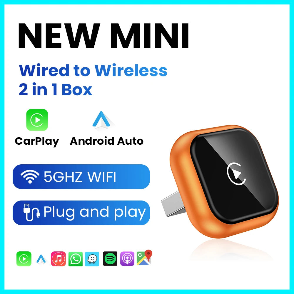 2-in-1 Wireless CarPlay & Android Auto Adapter — Low-Latency Auto-Connect for VW, Ford, Toyota, Honda, Nissan, Kia