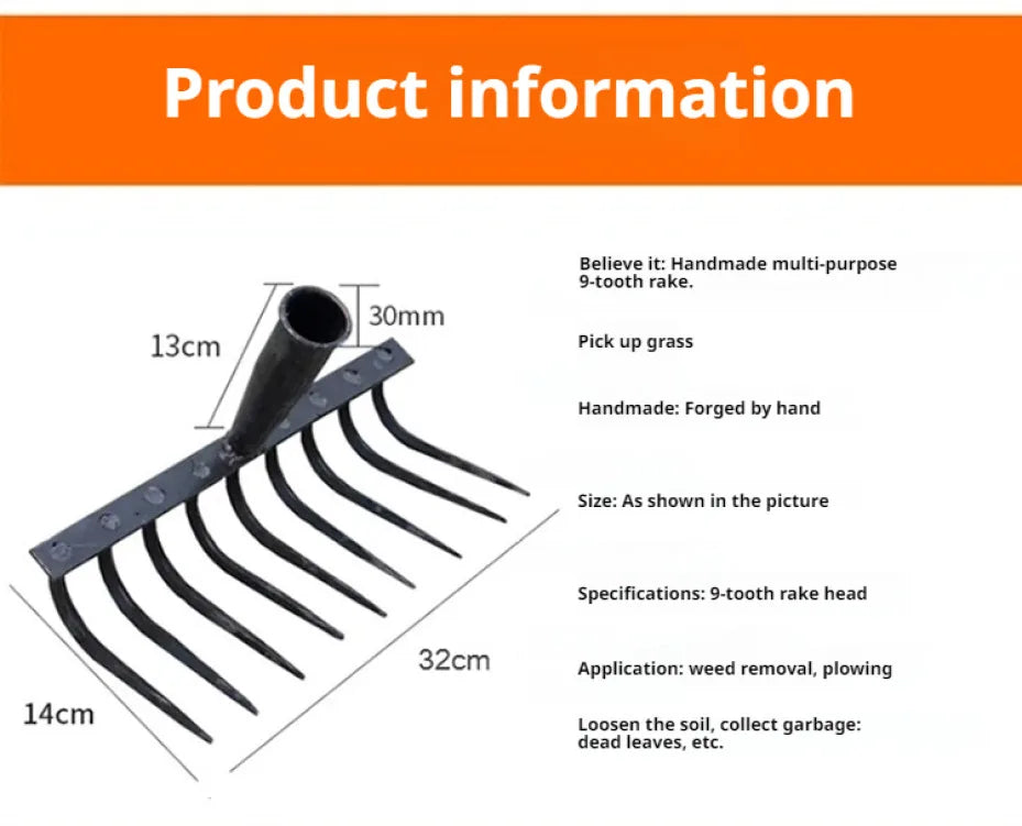 Multifunctiona steel rake Manganese Steel Durable Laborsaving Agricultural Nine-tooth Nail Rake for raking grass, loosening soil