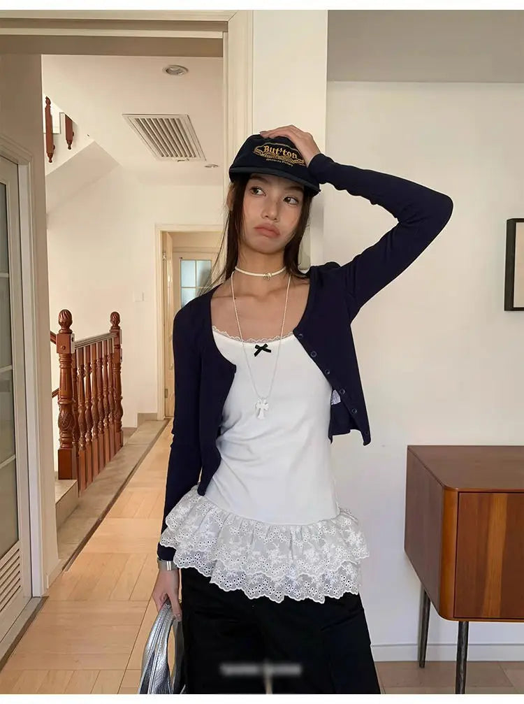 Women Patchwork Lace White Suspender Vest Trim Bottom Hem Layer Skinny Halter Tops Ruffle Edge Skin-friendly Breathable Vest