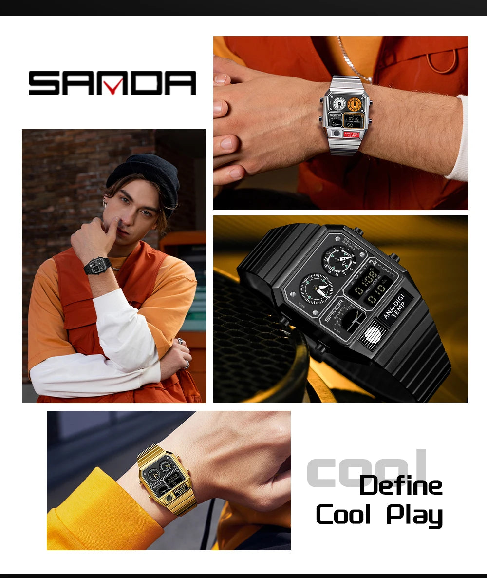 SANDA 3192 Men's Sport Watch – Analog-Digital LED, Waterproof, Stainless Steel