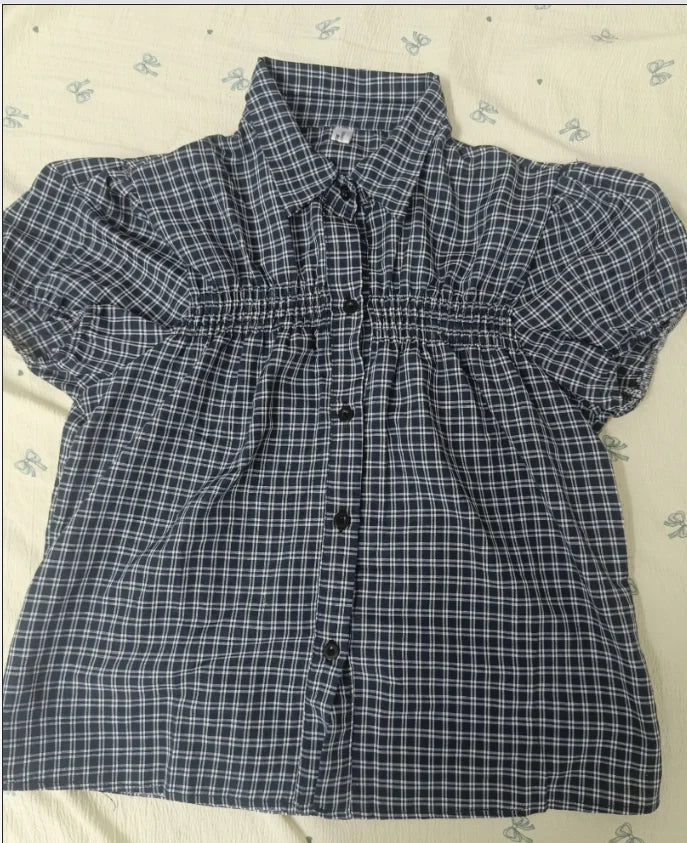 Japanese Plaid Puff Sleeve T Shirt and Cardigan Set Women Summer 2025 Casual Loose Fit Retro Blouse Vintage Sweet Girl Outfit