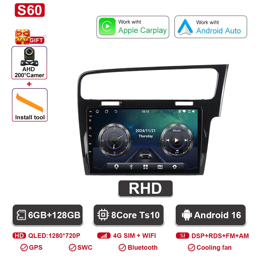 Android Car Stereo for VW Golf 7 MK7 GTI (2012–2021, RHD) — CarPlay, Android Auto, GPS, 2-DIN