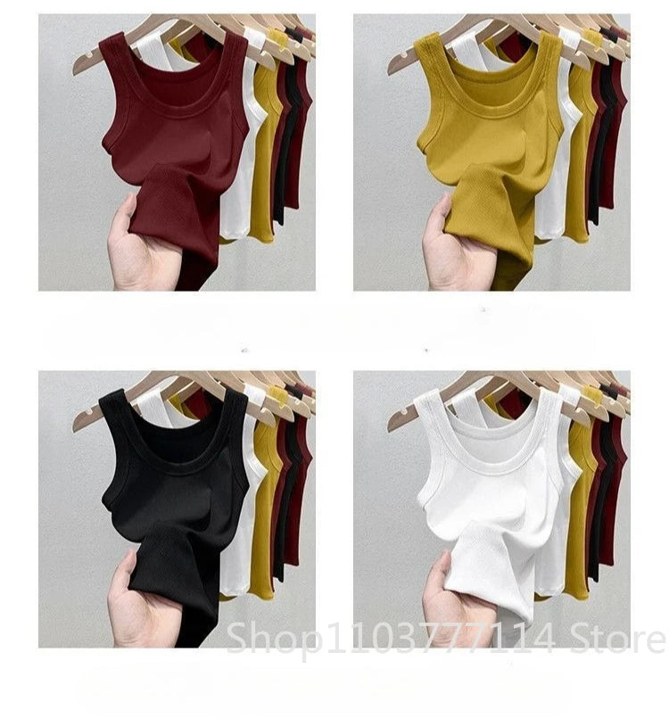 Women's Solid Round Neck RibbedTop Camisole Summer Basic Elastic Spaghetti Strap Top Lightweight Cool Base Shirt Sleeveless Vest