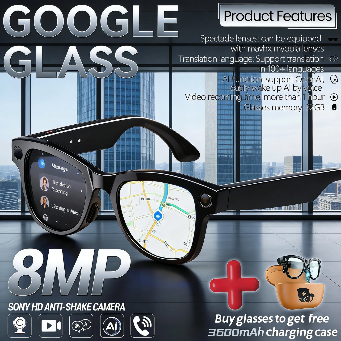AI Smart Glasses — 800W Anti-Shake Camera, Translation & Calls