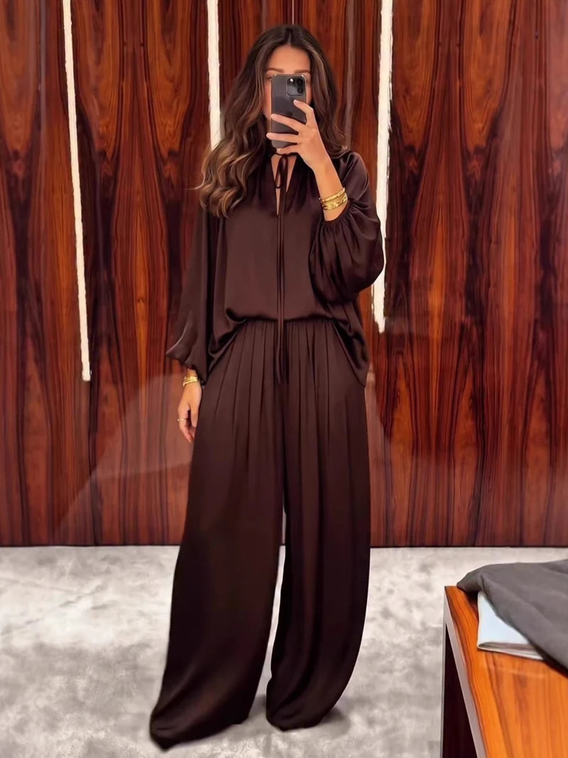 Satin Lace-Up V-Neck Blouse & Wide-Leg Pants Set — 2-Piece