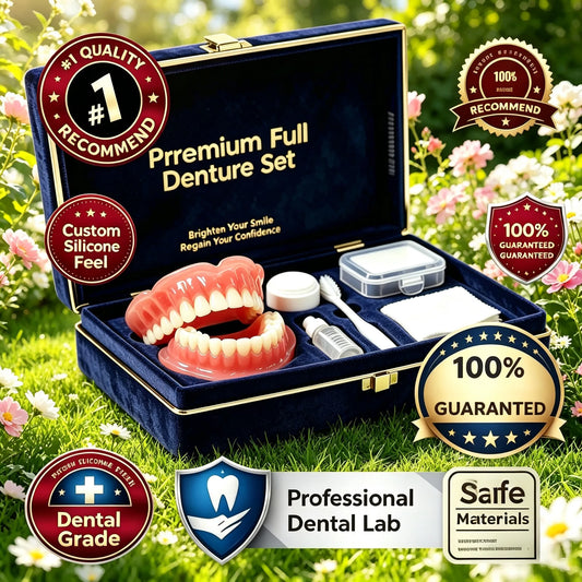Silicone Full Mouth Denture Kit Natural Upper Lower Fake Teeth Comfort Fit With Gift Box & Complete Dental Care Cleaning Set