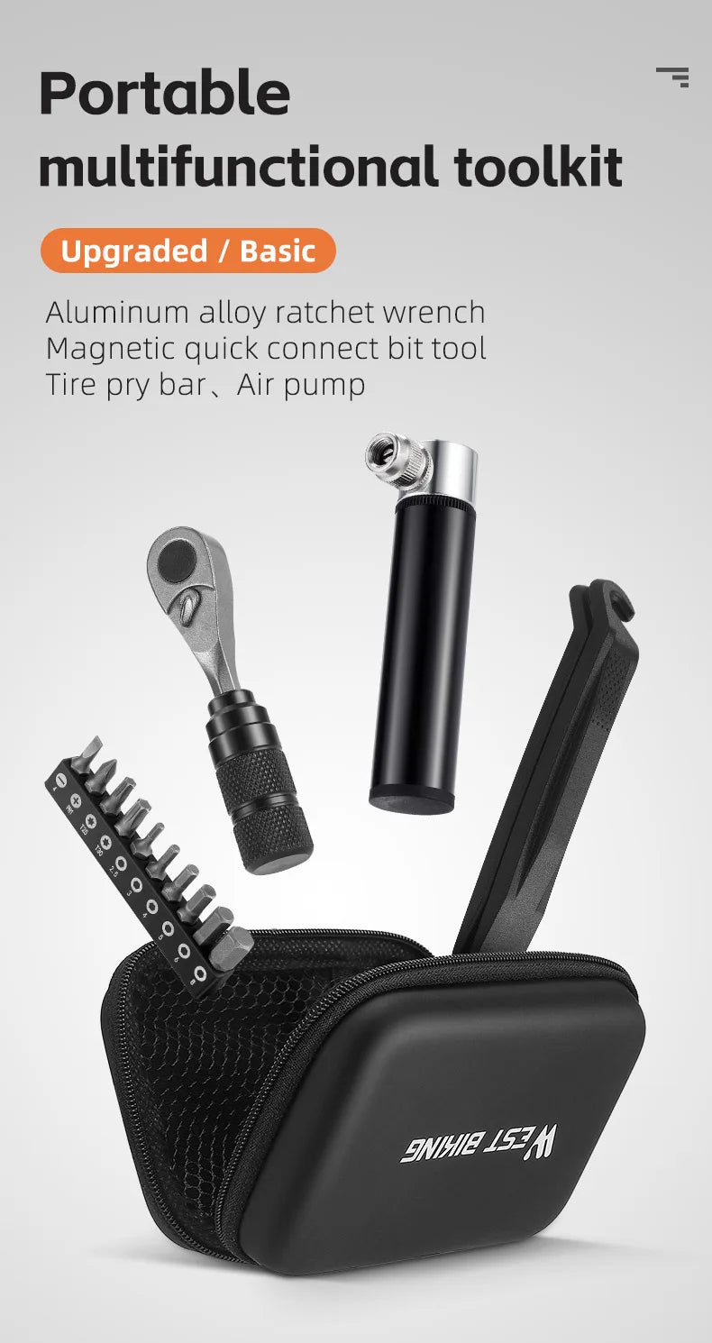 WEST BIKING Professional Bike Tools Portable Ratchet Wrench kit Tire Lever Mini Pump Multifunction Tools Road Bike MTB Accessory
