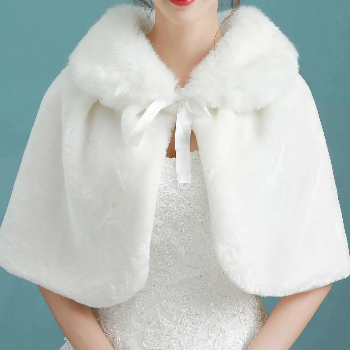 Women's Plush Bridal Shawl Cape - Elbow Length Wrap with Bow