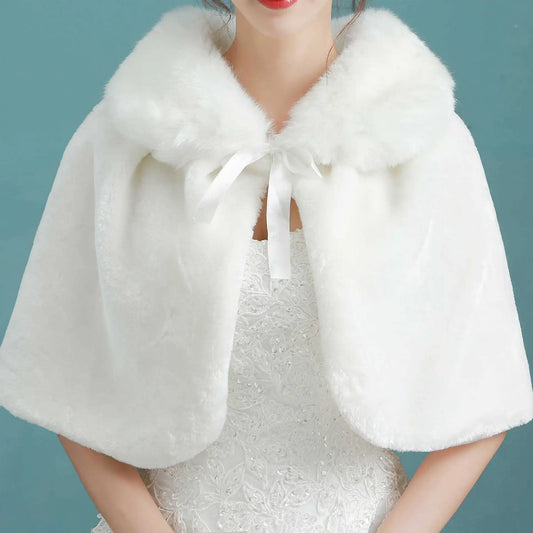 Women's Plush Bridal Shawl Cape - Elbow Length Wrap with Bow